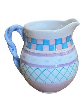 Lotus Womens Vintage Hand Painted Whimsical Pitcher 1996 Checkered Cottage Core